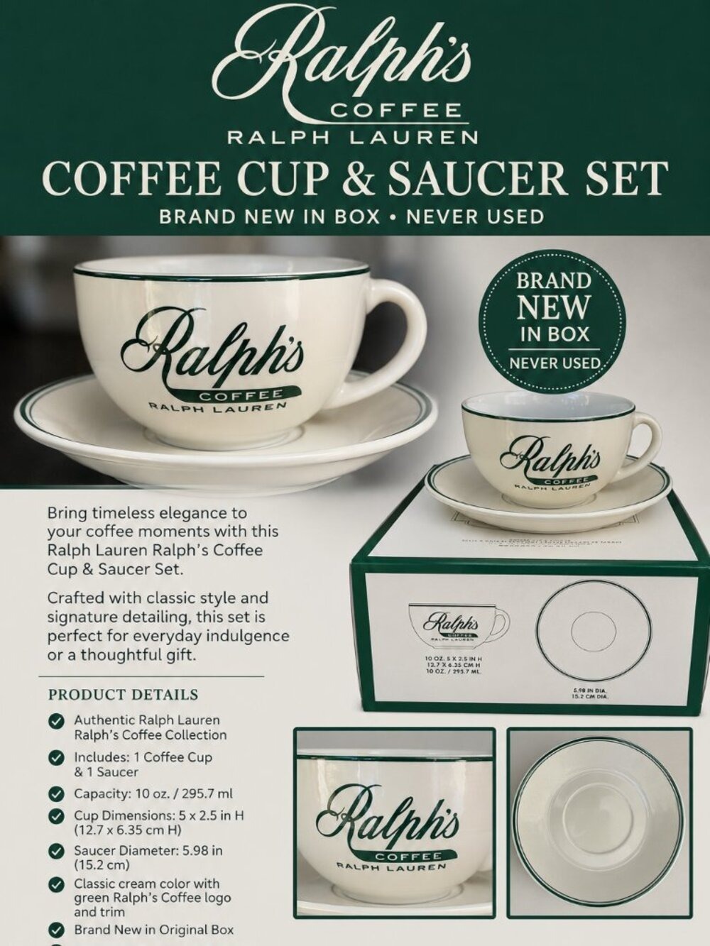 Ralph Lauren Ralph’s Coffee Cup & Saucer Set 10 oz Green White NIB Porcelain